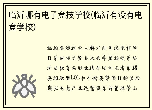临沂哪有电子竞技学校(临沂有没有电竞学校)
